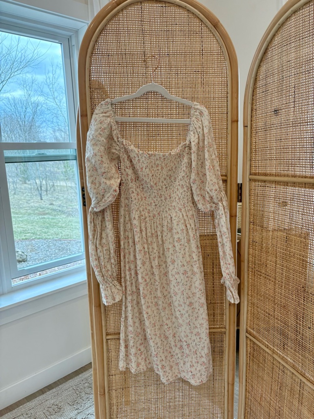 Smocked Square-Neck Mini Dress in Cream with Pink Floral Print